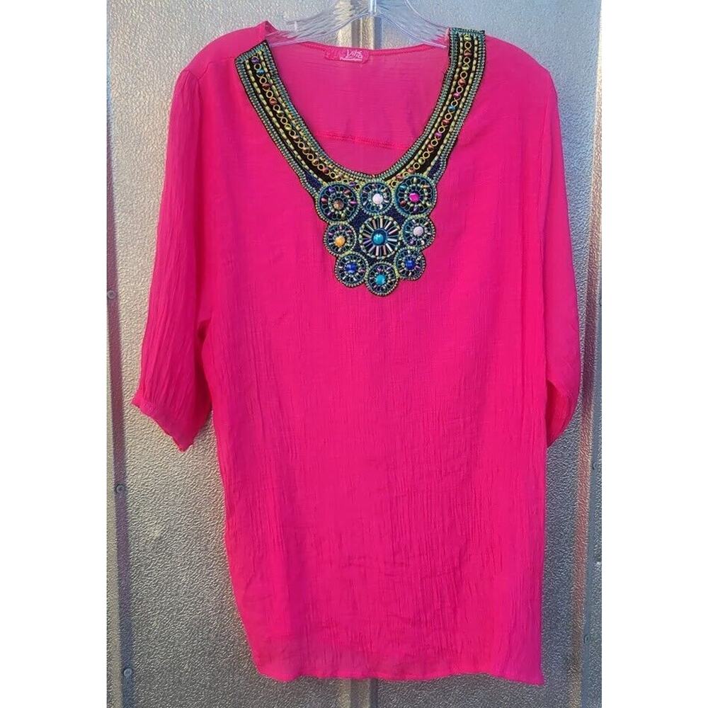 Vilia Hot Pink Lightweight Embellished 3/4 Sleeve Top Size M
